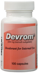 Devrom internal deodorant capsules bottle on counter, supports discreet odor management after meals
