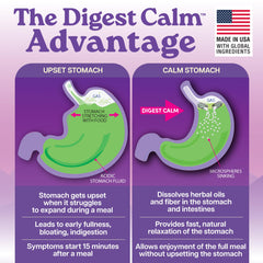 Digest Calm packaging box highlights 12 capsules and USA pharmaceutical grade quality