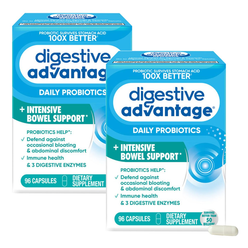 Digestive Advantage daily probiotics bottle showing capsules for gut health support