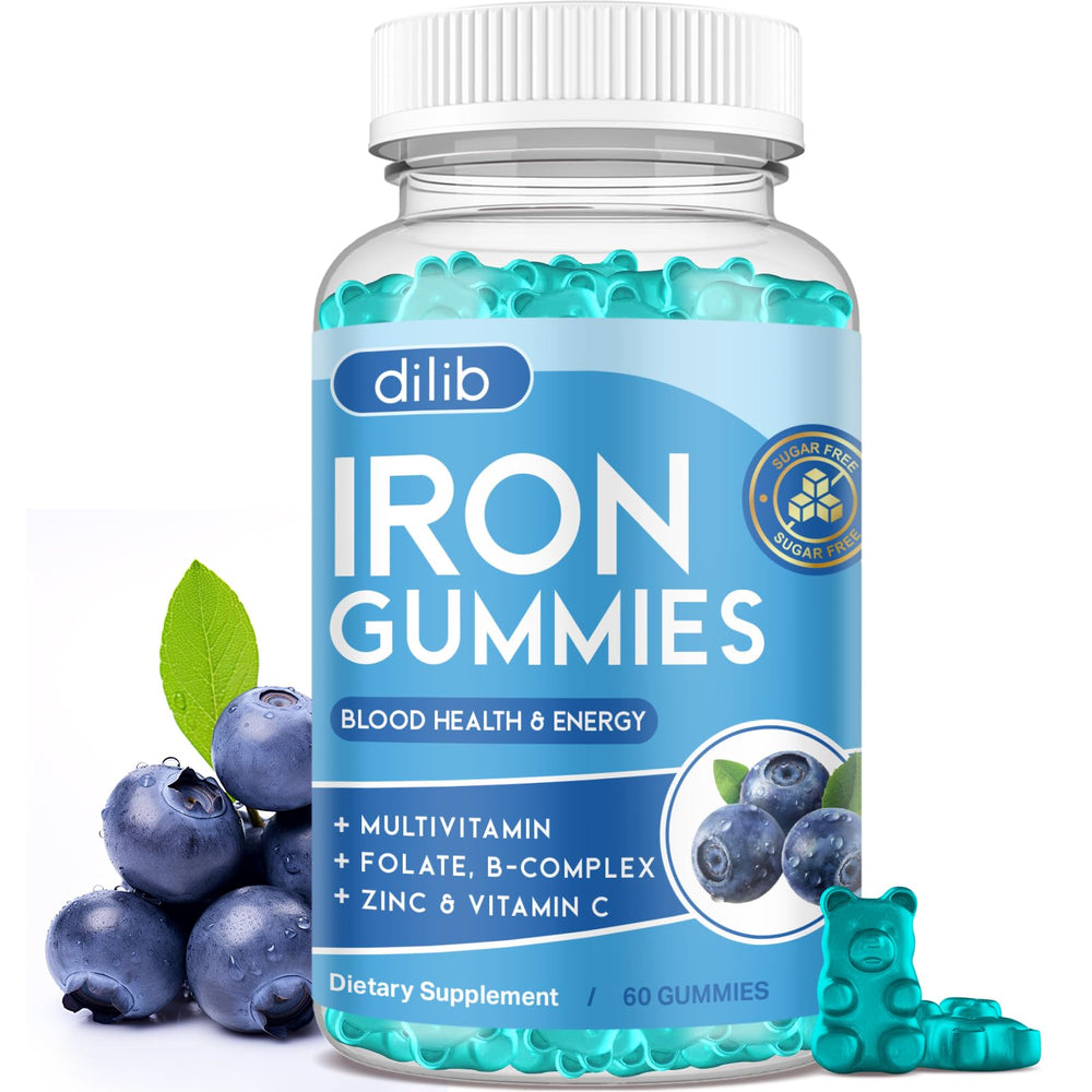 Dilib Iron Gummies blueberry bottle shows a tasty daily supplement for energy support.