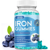 Dilib Iron Gummies blueberry bottle shows a tasty daily supplement for energy support.