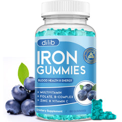 Dilib Iron Gummies blueberry bottle shows a tasty daily supplement for energy support.