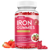 Dilib iron gummies bottle close-up highlighting strawberry flavor for daily energy support