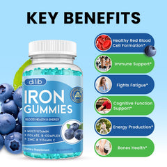 Nutrition panel shows 18 mg iron with zinc and B vitamins in the gummies.