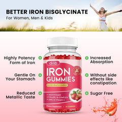 Dilib iron gummies jar label shows zinc and B vitamins for energy and immune support