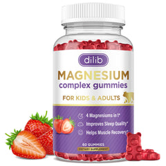 Dilib magnesium complex gummies bottle closeup shows a tasty, convenient supplement for daily calm.