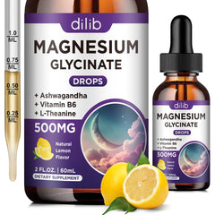 Dilib magnesium glycinate drops bottle highlighting vegan formula and high absorption benefits.