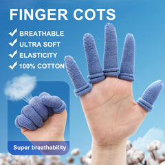 Dimora finger cots closeup cotton blue highlighting breathable fabric that reduces irritation