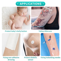 Dimora hypoallergenic adhesive on a skin-friendly, latex-free bandage.