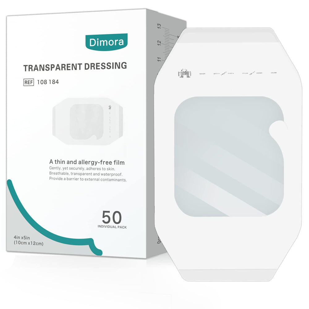 Dimora transparent film dressing packaging showing waterproof wound protection.
