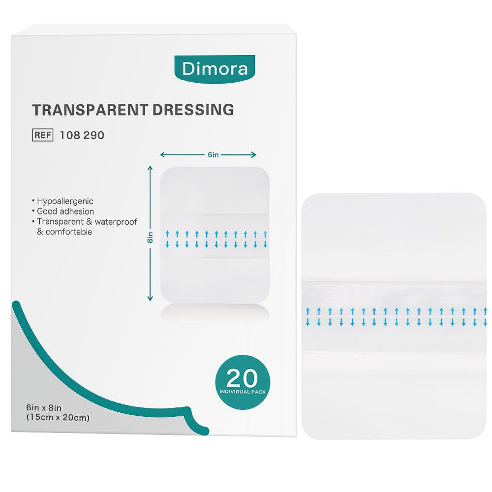 Dimora transparent film dressing applied on skin showing large 6x8 inch coverage for wound protection.