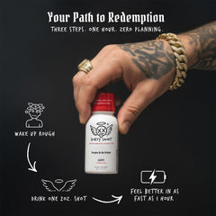 Close-up of the DIRTY SAINT Hangover Shot label showing key ingredients and vitamins.