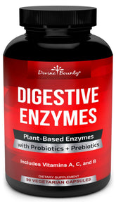 Divine Bounty digestive enzymes bottle closeup, potent formula for comfortable meals.