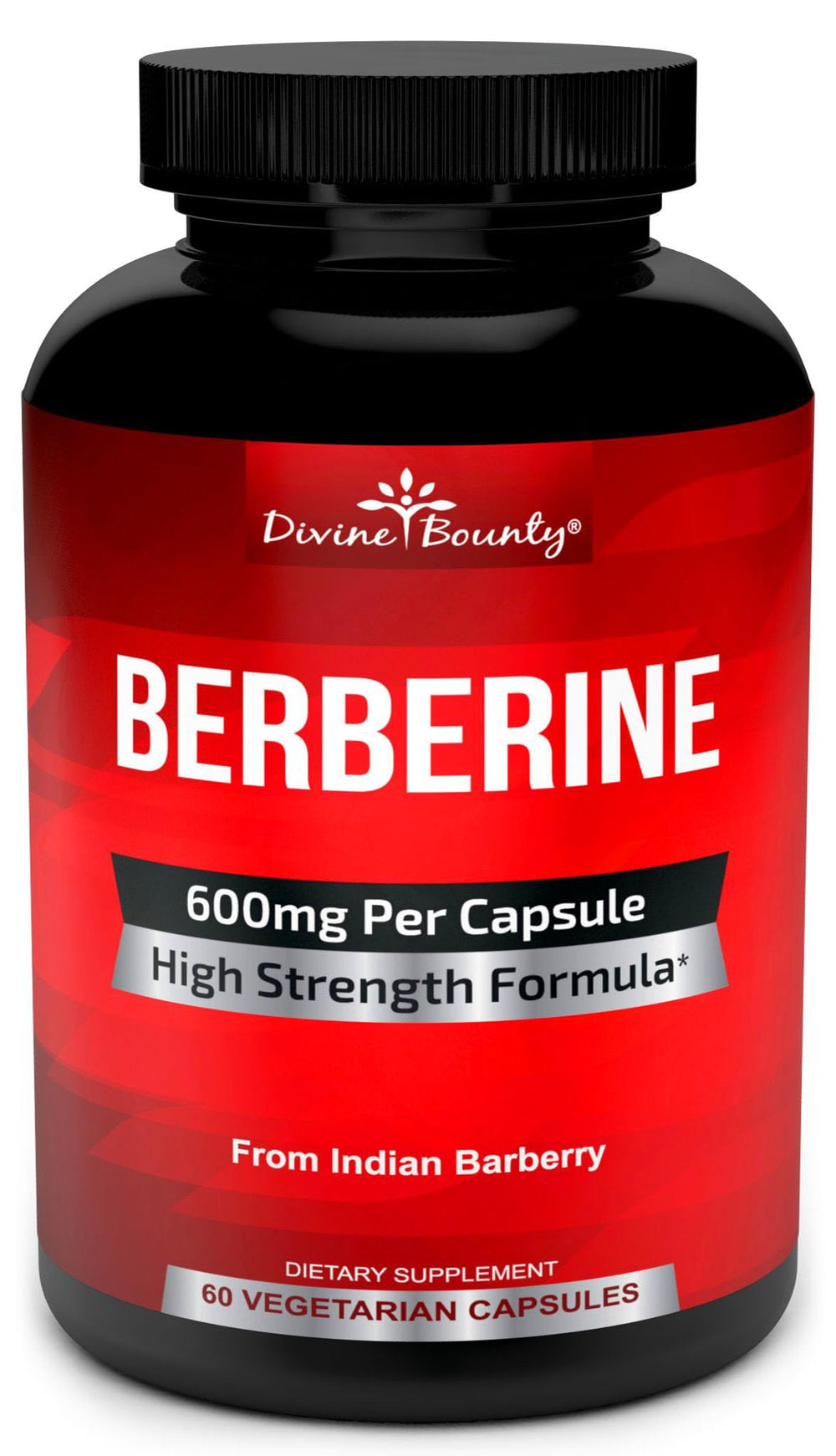 Divine Bounty Pure Berberine Complex bottle showing high potency 600 mg per capsule for daily support