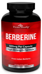 Divine Bounty Pure Berberine Complex bottle showing high potency 600 mg per capsule for daily support