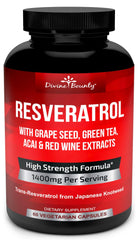 Divine Bounty Resveratrol bottle front highlighting 1400mg potency for daily wellness