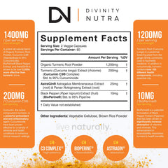 Divinity Nutra Turmeric Curcumin label closeup highlighting 95% curcuminoids for potent antioxidant support
