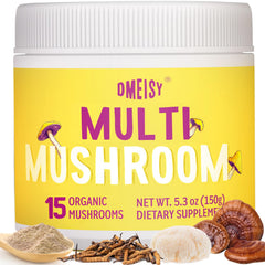 Dmeisy Mushroom Powder bottle front with 20-in-1 blend for daily focus