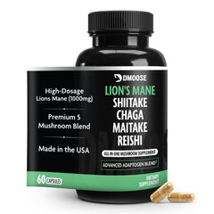 DMoose Fitness Lions Mane 5-mushroom bottle supports focus and overall wellness.
