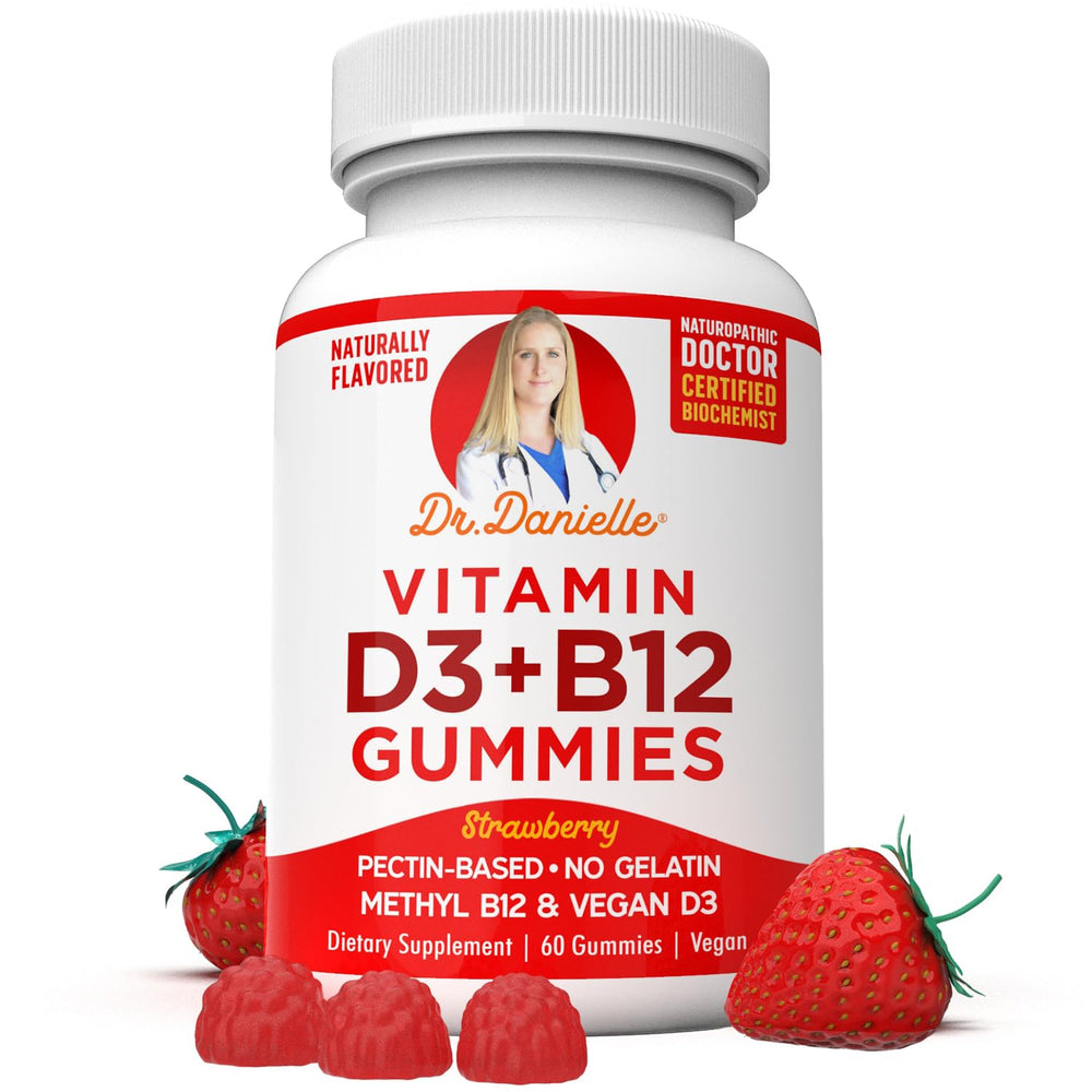 Doctor Danielle D3 + B12 gummies in strawberry flavor bottle for daily wellness