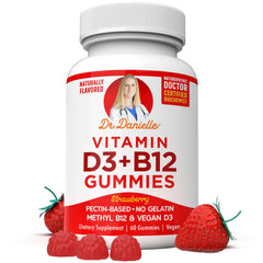 Doctor Danielle D3 + B12 gummies in strawberry flavor bottle for daily wellness