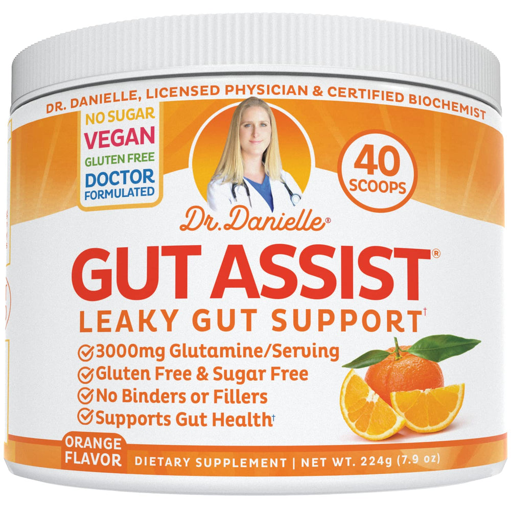Doctor Danielle Gut Assist powder tub label highlighting gut repair and premium quality.
