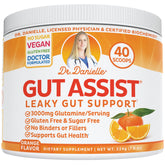 Doctor Danielle Gut Assist powder tub label highlighting gut repair and premium quality.