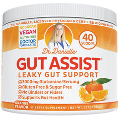 Doctor Danielle Gut Assist powder tub label highlighting gut repair and premium quality.
