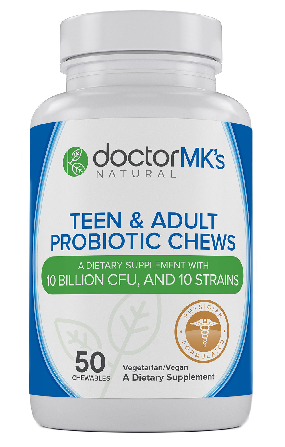 Doctor MK's NATURAL teen/adult probiotics chewables in wild berry bottle offer a tasty daily probiotic routine.