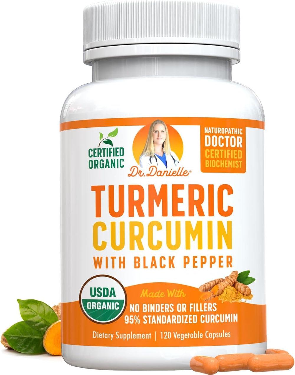 Doctor Danielle turmeric curcumin bottle with label highlighting 95% curcuminoids for joint support.