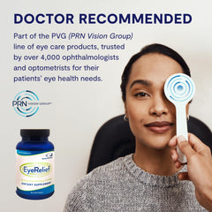 Eye Relief bottle label shows PVG endorsement for doctor-trusted care.