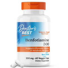Doctor's Best Benfotiamine 300mg bottle shows label for glucose metabolism support