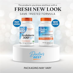 Closeup of Doctor's Best Benfotiamine capsules highlighting vegan-friendly veggie caps