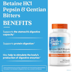 Doctors Best Betaine HCl Pepsin Gentian Bitters capsules close-up shows high-potency digestive support