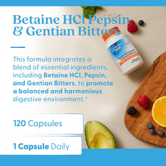 Doctors Best Betaine HCl Pepsin Gentian Bitters bottle label displays digestive enzyme blend