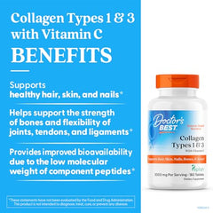 Close-up of Doctor's Best Collagen Types 1 & 3 capsules showing hydrolyzed peptides.