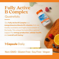 Doctor's Best Fully Active B Complex bottle beside fruits for vitality.