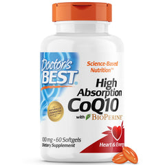 Doctor's Best high-absorption CoQ10 bottle with Bioperine supports heart health and energy.