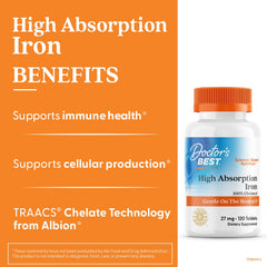 Doctor's Best High Absorption Iron label close-up highlighting chelation and dosage guidance.
