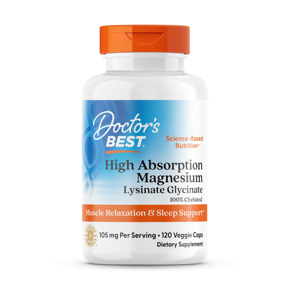 Doctor's Best high-absorption magnesium lysinate glycinate capsules, chelated for better absorption.