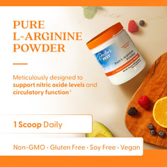 Doctor's Best L-Arginine powder bottle closeup highlighting vegan, gluten-free formula.