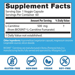 Doctor's Best L-Carnitine Fumarate label with product details and vegan attributes.