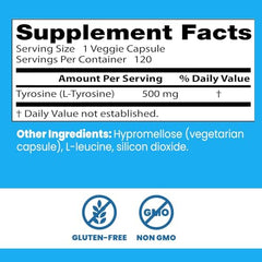 Doctor's Best L-Tyrosine vegan capsules on blue background gluten-free