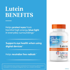 Doctor's Best Lutein label close-up highlighting Lutemax 2020 formula.