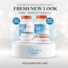 Close-up of Doctor's Best melatonin bottle label highlighting vegan and gluten-free features.