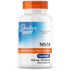 Doctor's Best MSM bottle label showcasing purity and OptiMSM for joints
