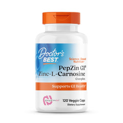 Doctor's Best PepZin GI bottle highlighting zinc-L-carnosine for digestive support