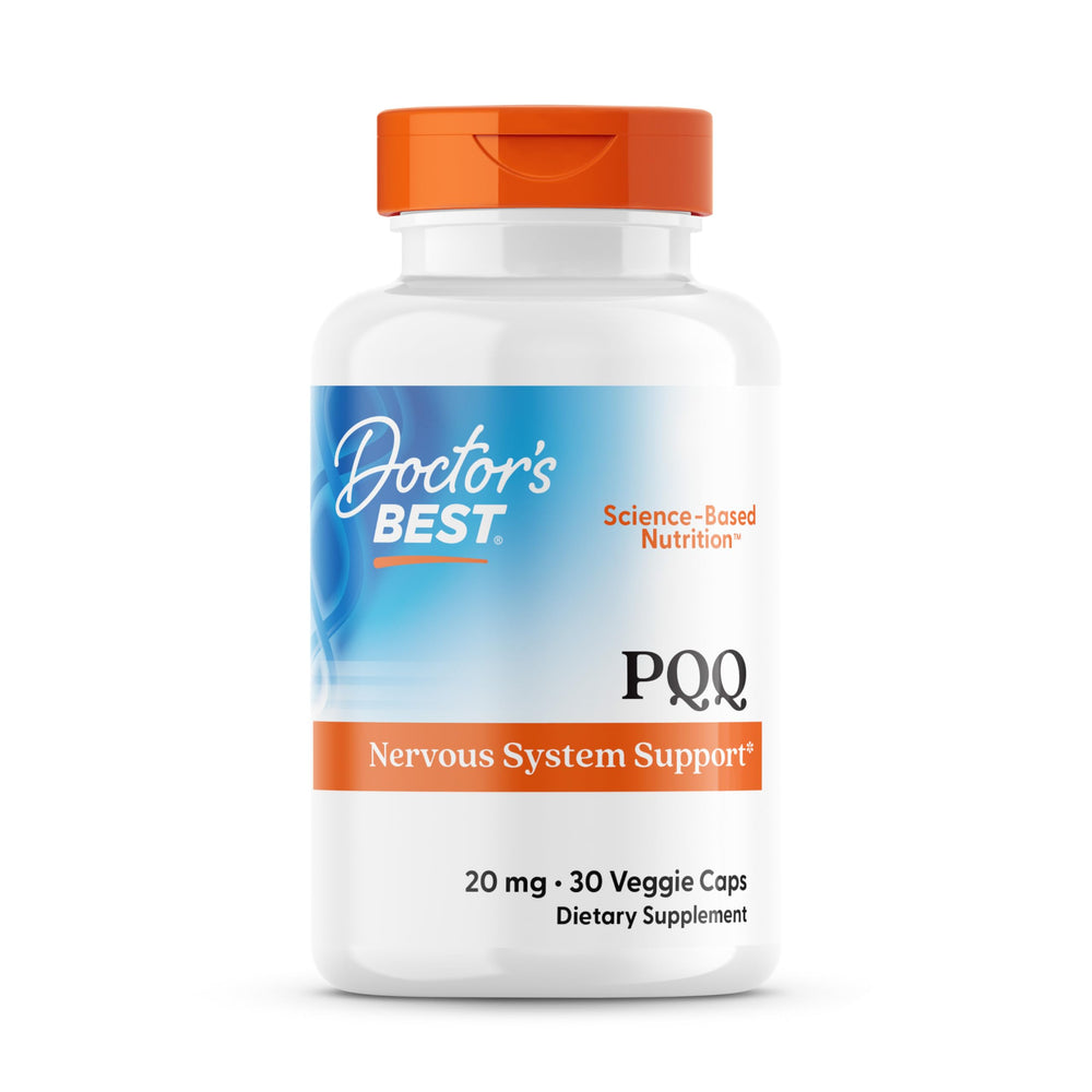 Doctors Best PQQ with BioPQQ bottle label highlights antioxidant support and mitochondrial health.