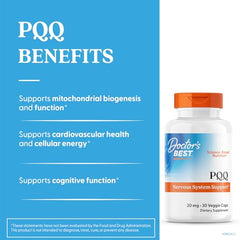 Doctors Best PQQ bottle cap emphasizes easy daily use and vegan formula.