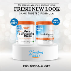 Close-up of Doctor's Best L-Glutamine label highlighting vegan and Non-GMO features